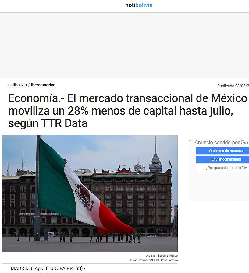 Economa.- El mercado transaccional de Mxico moviliza un 28% menos de capital hasta julio, segn TTR Data